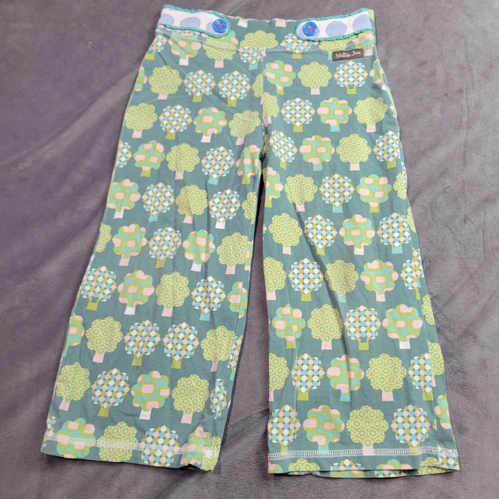 Matilda Jane Girls Teal Green Tree Print‎ Wide Leg Ruffle Waist Pants Size 4